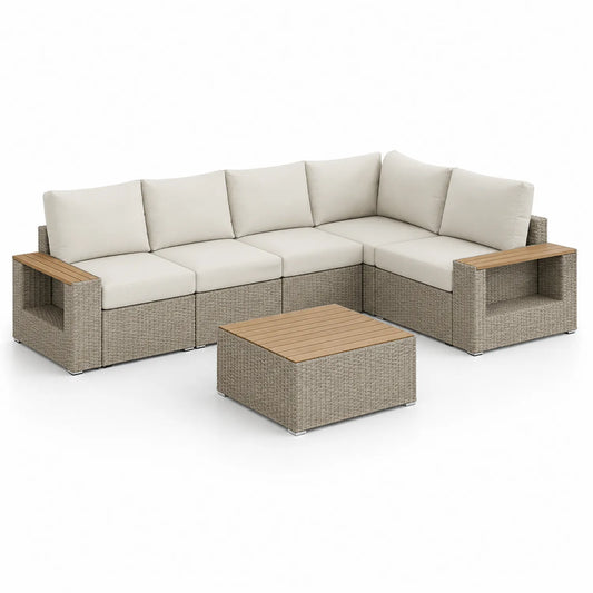 5-teiliges Gartensofa-Set aus Polyrattan mit Tisch, Beige und Akazienholz