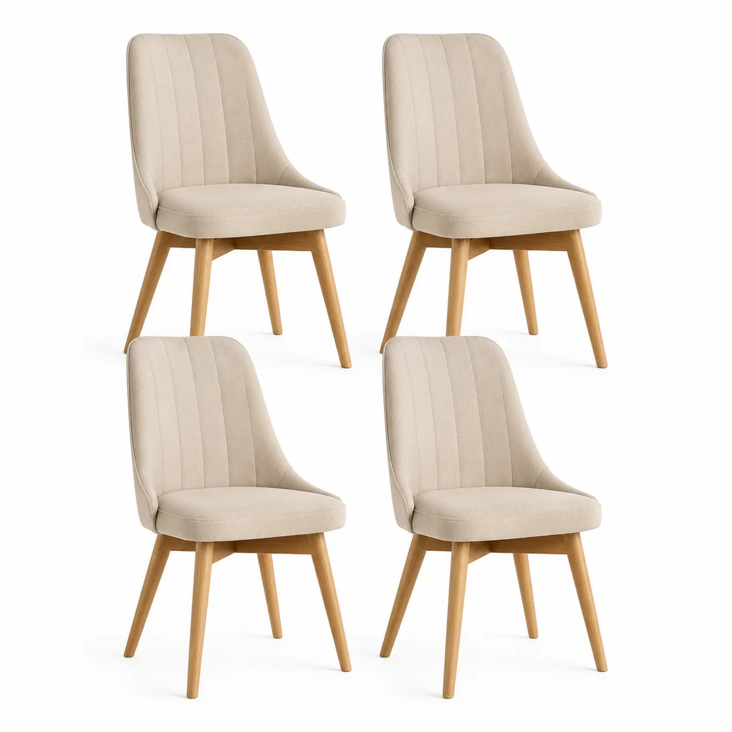 4er Set Esszimmerstühle, Velours Sitz, Eichenholz Beine, Beige