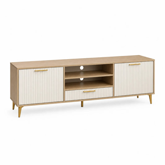 TV-Schrank Holz Eiche Weiß mit 2 Türen, 1 Schublade und 2 offenen Fächern 180cm