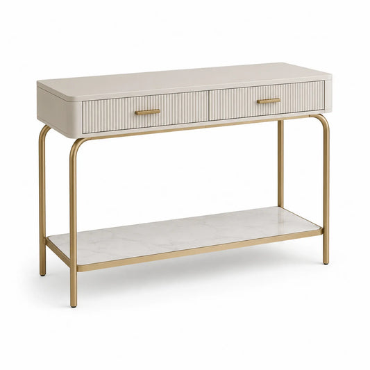 Konsolentisch mit MDF, Marmor und Stahl in Creme/Gold 120x40x80 cm