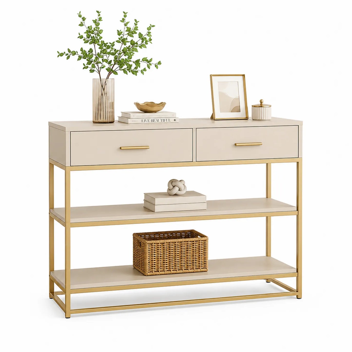 Konsolentisch mit 2 Schubladen MDF und Metall Beige/Gold 120cm