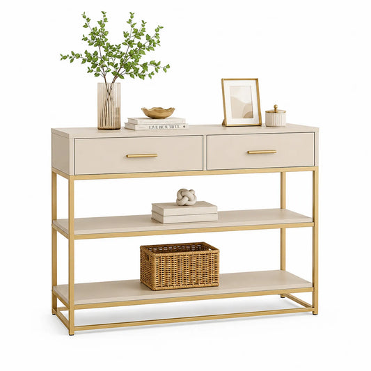 Konsolentisch mit 2 Schubladen MDF und Metall Beige/Gold 120cm