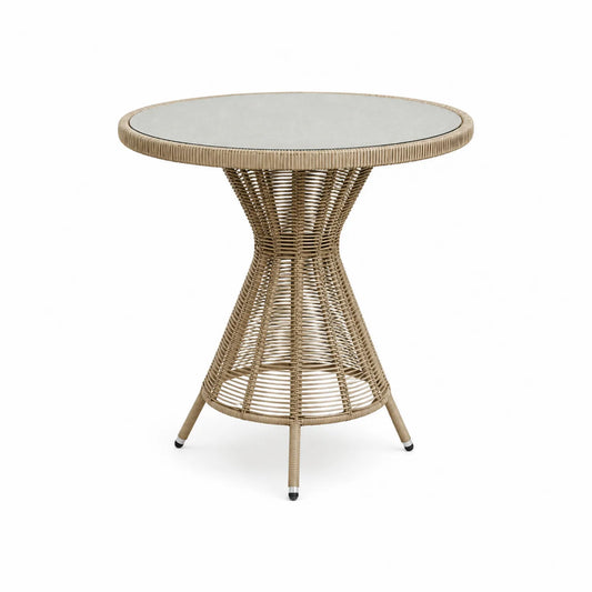 Runder Gartentisch aus Polyrattan mit Sicherheitsglas 75 cm Beige