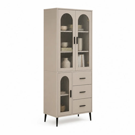 Buffetschrank mit Glastüren und Schubladen aus MDF und gehärtetem Glas Beige 80x40x200cm