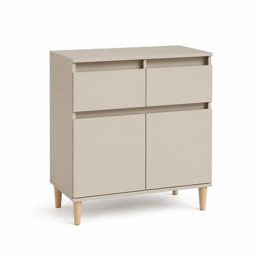 Sideboard mit 2 Schubladen und 2 Türen, Beige, MDF und Eichenholz