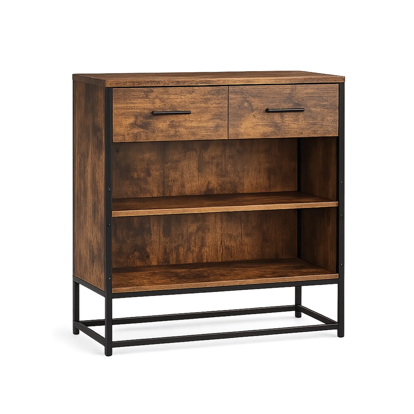 Sideboard aus Holzwerkstoff und Metall mit 2 Schubladen und offenen Regalen braun 80x30x90 cm