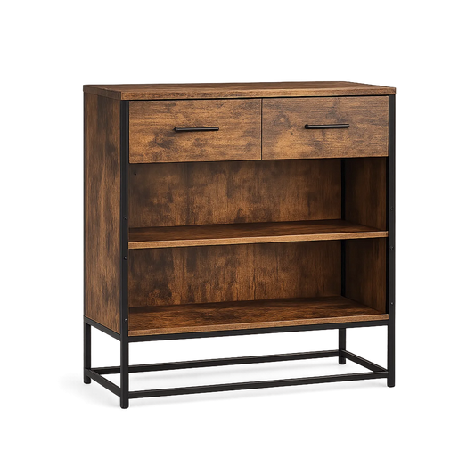 Sideboard aus Holzwerkstoff und Metall mit 2 Schubladen und offenen Regalen braun 80x30x90 cm