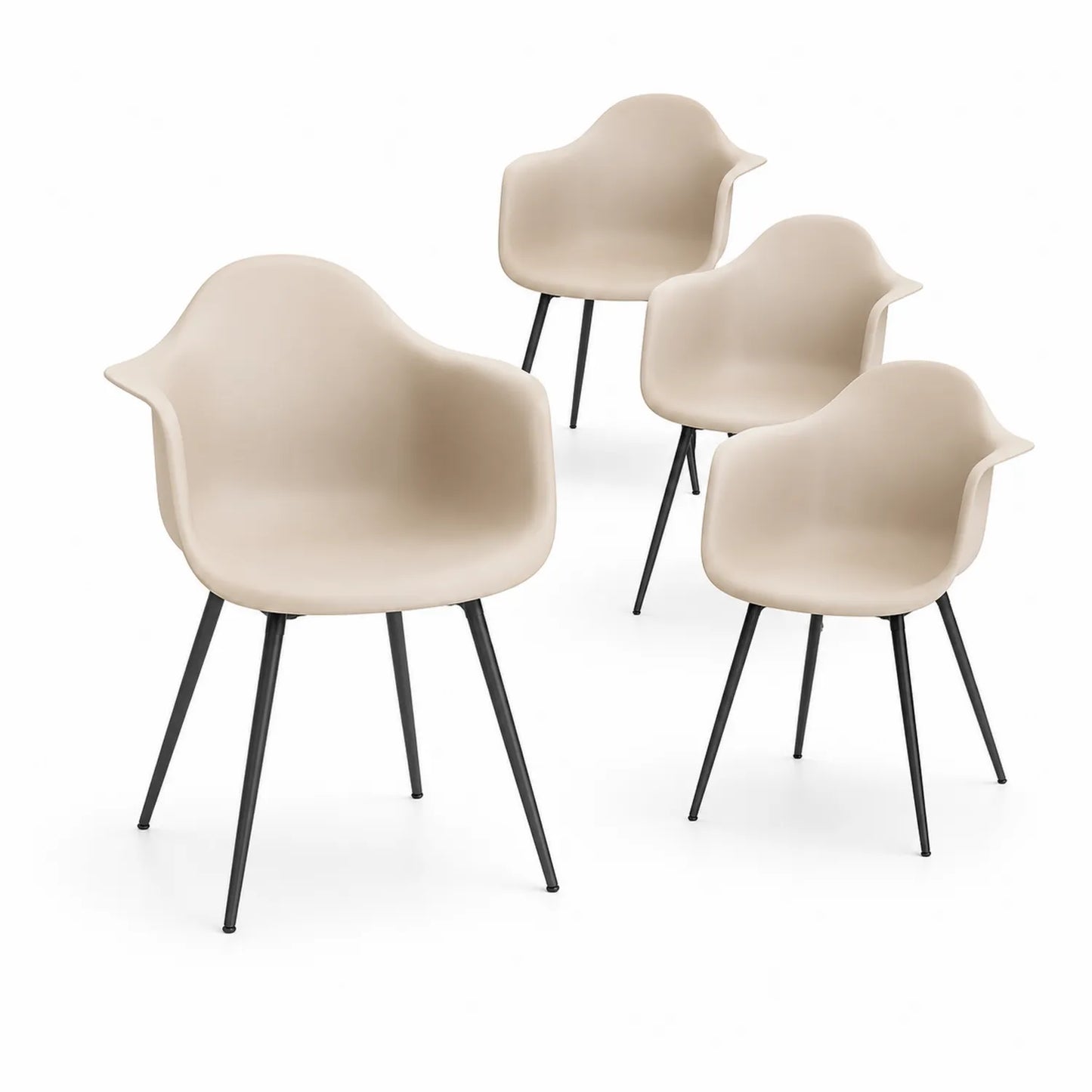 4er-Set Esszimmerstühle aus Kunststoff mit Armlehnen in Beige und schwarzen Metallbeinen