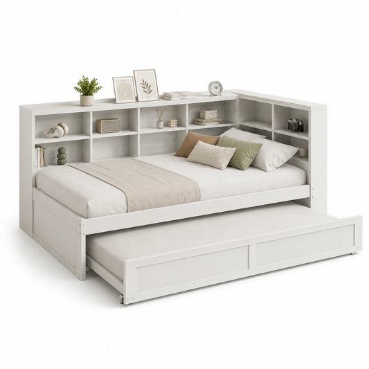 Weißes Bett mit Regal und ausziehbarem Unterbett aus Holz 200x90 cm