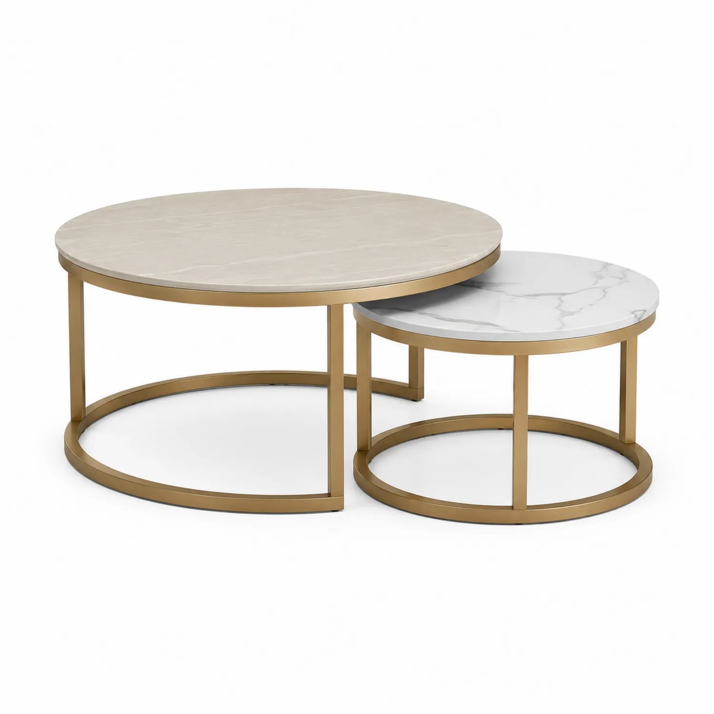 Rundes Couchtisch-Set Marmoroptik Metallgestell Gold 80/65 cm