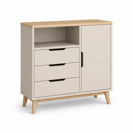 Sideboard aus Holzfurnier mit 3 Schubladen und 1 Tür, Beige 80x35x95 cm
