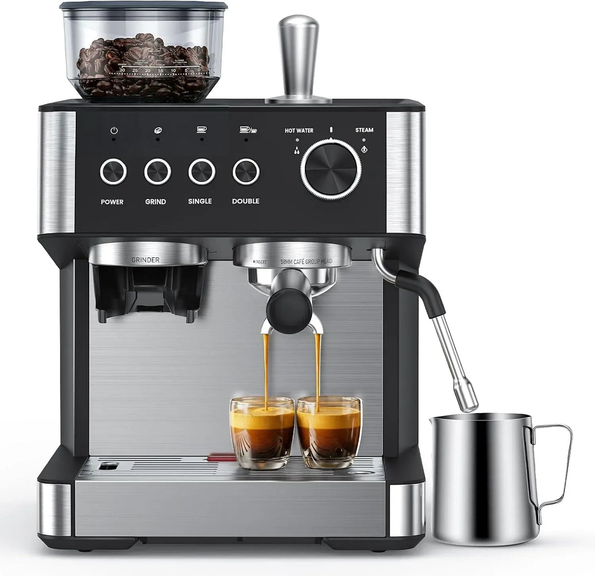 Espressomaschine, COWSAR, 15 Bar Drucksystem, Kaffeemaschine für Espresso, Espressomaschine mit integriertem Mahlwerk
