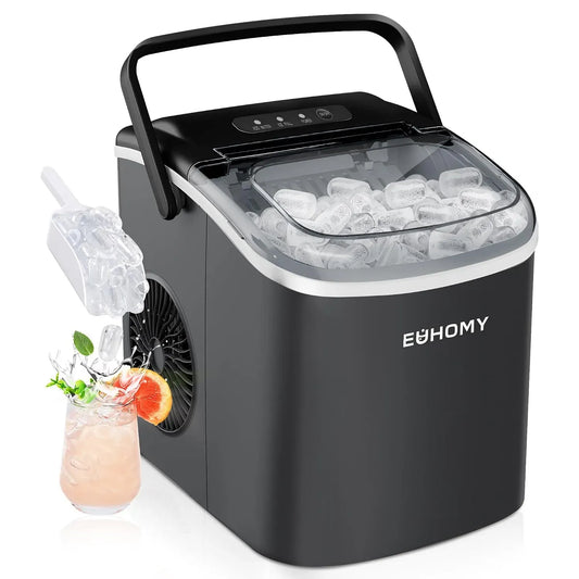 Eiswürfelmaschine, EUHOMY 12KG/24H, tragbar, Schwarz, 9 Würfel in 6 Minuten fertig, 12KG Eiswürfelbereiter Ice Maker