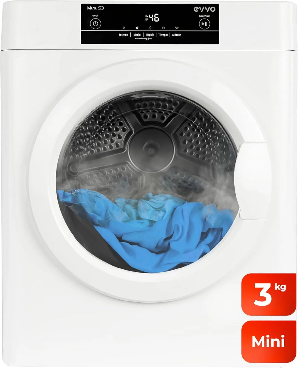 Wäschetrockner, 3 kg, EVVO, tragbar, Weiß, Airfresh-Technologie, Kapazität: 3 kg