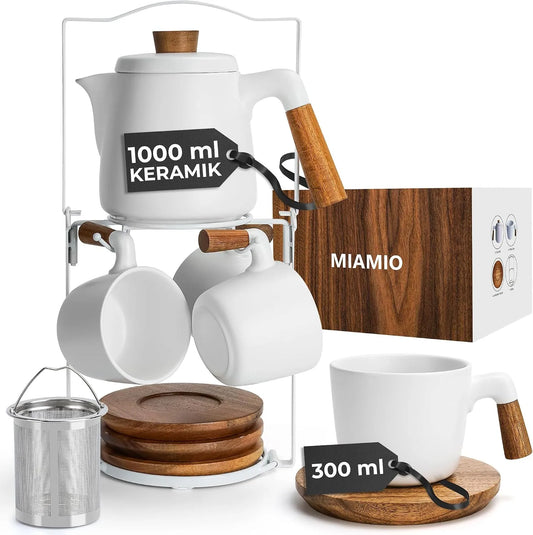 Geschirrspüler, 1 L, Spülmaschine, Weiß, Teekanne Keramik mit Teetassen Set, Teeservice mit Teekanne Keramik, 4x300ml, 4 Tassen & Ständer, MIAMIO