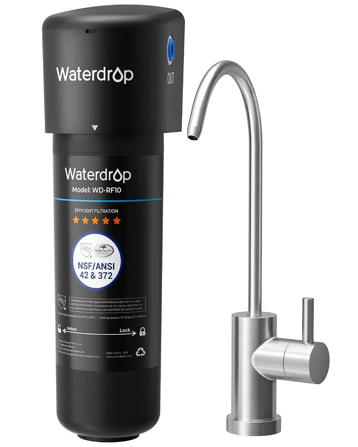 Küchenarmatur, 30.000 L, Waterdrop ANSI 42 10UB, Reduzieren 99,99% Blei, 000 Liter Wasserfilter Trinkwasser, Reduziert PFOA/PFOS, NSF/ Zertifiziert