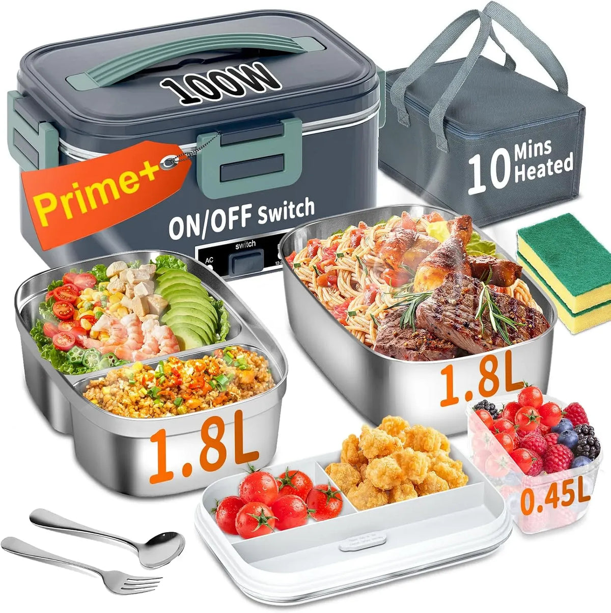 3-in-1 mit 2 Behältern, Elektrische beheizte Lunchbox, für Auto, 100 W, schnell aufheizende Lunchboxen, tragbar für Erwachsene, Büro, LKW