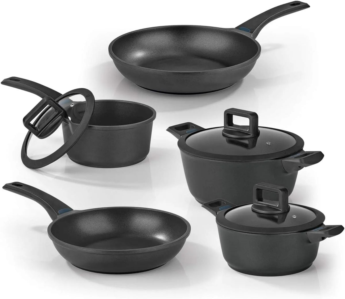 8-Teilig 3-Fach Aluguss-Topf- und Pfannen-Set in der Midnight Edition, Farbwechsel-Temperaturanzeige, 8-Teilig, 3-Fach Ilag-Ultimate-Beschichtung, Für