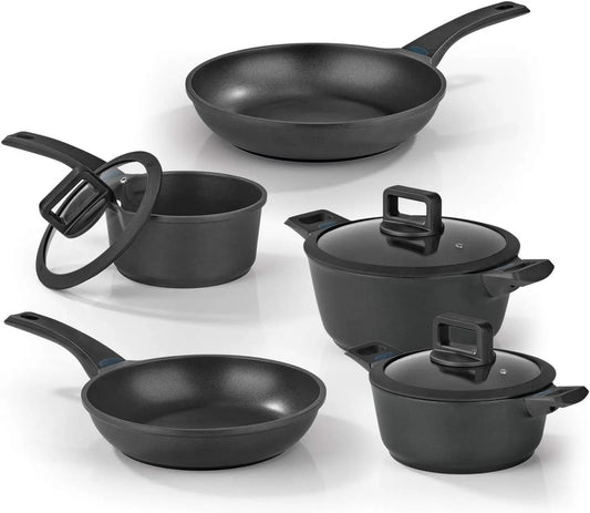 8-Teilig 3-Fach Aluguss-Topf- und Pfannen-Set in der Midnight Edition, Farbwechsel-Temperaturanzeige, 8-Teilig, 3-Fach Ilag-Ultimate-Beschichtung, Für