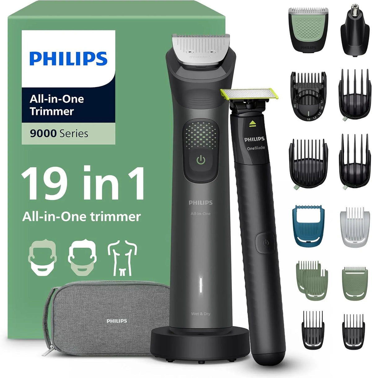 Philips Series 9000 19-teiliger Haarschneider, 27 L, 20 mm, IPS-Panel, für Gesicht