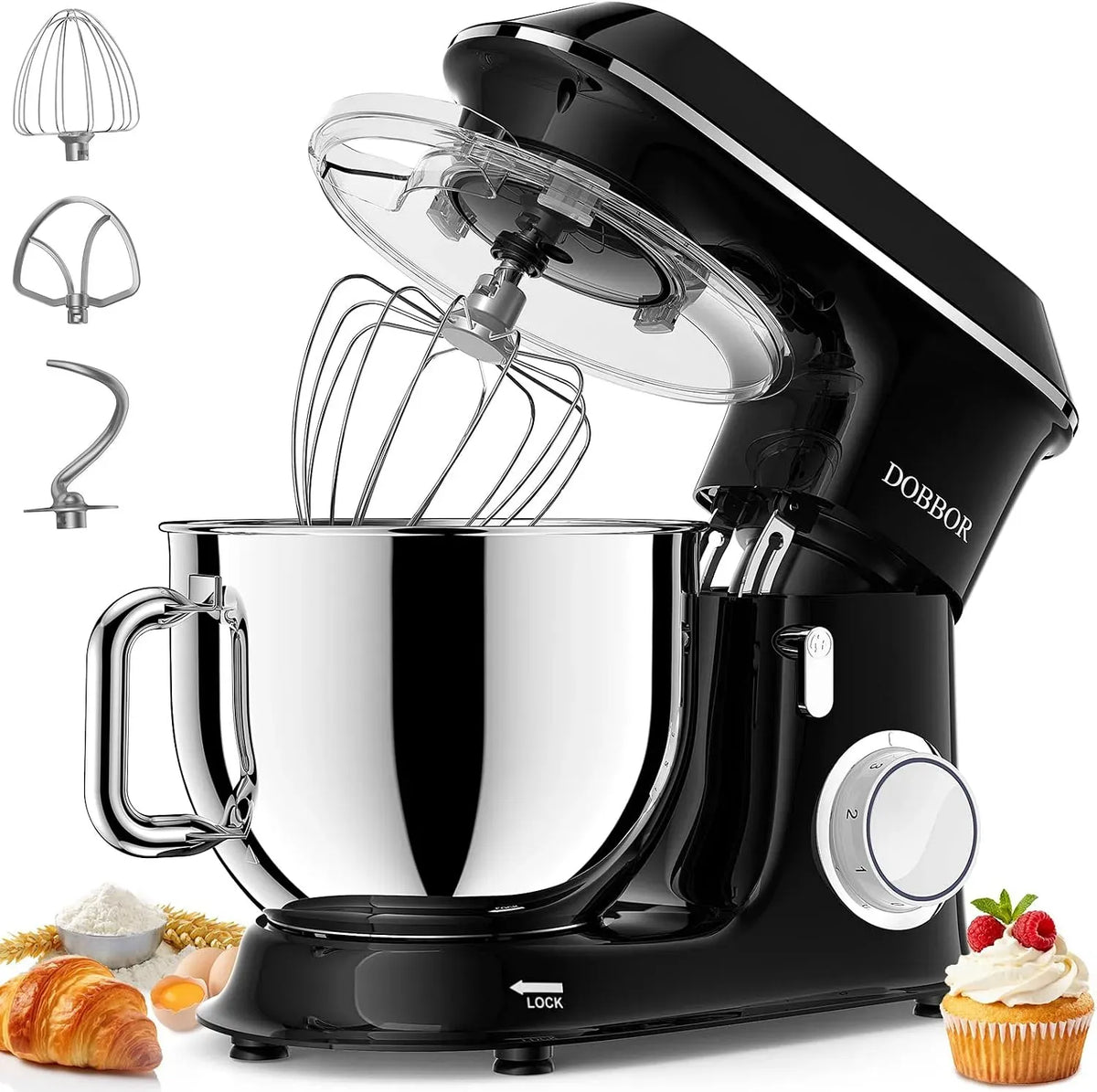 Küchenmaschine, 9.5 L, 1500 W, leise, Schwarz, 7 Geschwindigkeit Planetarisches Rührsystem, DOBBOR Rührmaschine mit Rührbesen