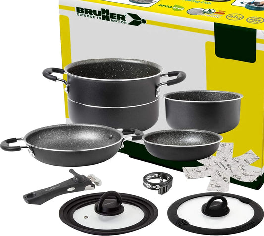Camping Kochgeschirr Alu-Topfset, Platzsparend stapelbare Töpfe und Pfannen, 7+1 teilig ø 24 cm PIRATE NG, 4 Personen, Antihaft, Leicht