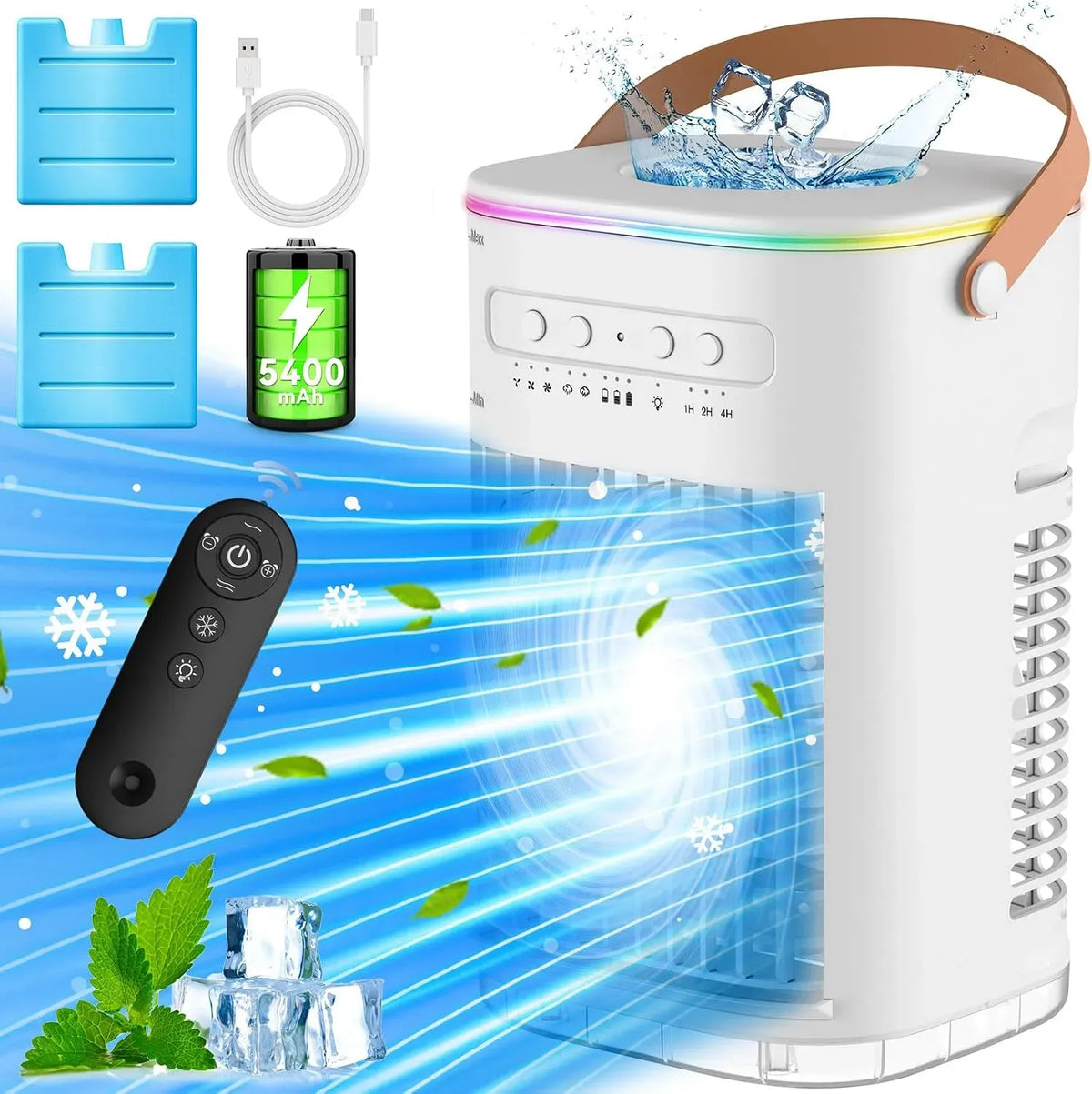 Klimaanlage, FANCOLE 5400-mAh-Akku 7-Stunden-Smart-Timer, 3 Geschwindigkeiten, großer Wassertank, 7-farbiges Licht, 1200 ml Wassertank