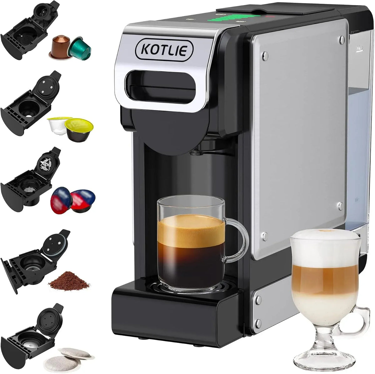 Espressomaschine, KOTLIE 5-in-1, Kaffeemaschine für Espresso, System für Kapseln und Pulver