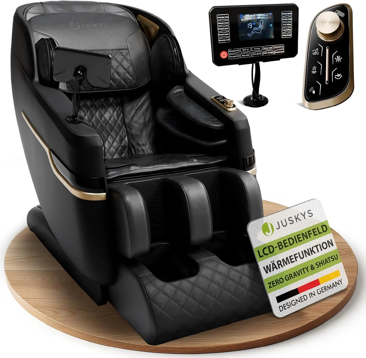 Relax- und Massagesessel, Transportrollen, Timer, Bluetooth, USB, LCD-Display, Schwarz, elektronisch mit LCD-Bedienfeld, Fußverlängerung & Timer