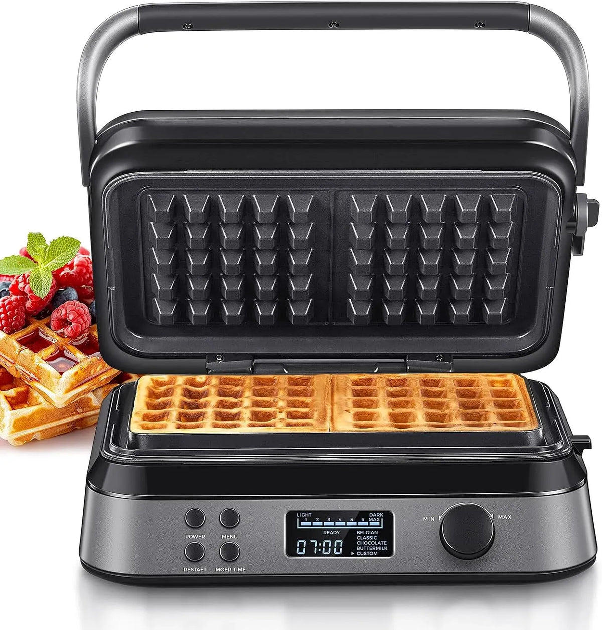Doppelwaffeleisen, Waffelautomat, 1600 W, 5 Programme, Timer, LCD-Display, Edelstahl, Schwarz, für Belgische Waffeln
