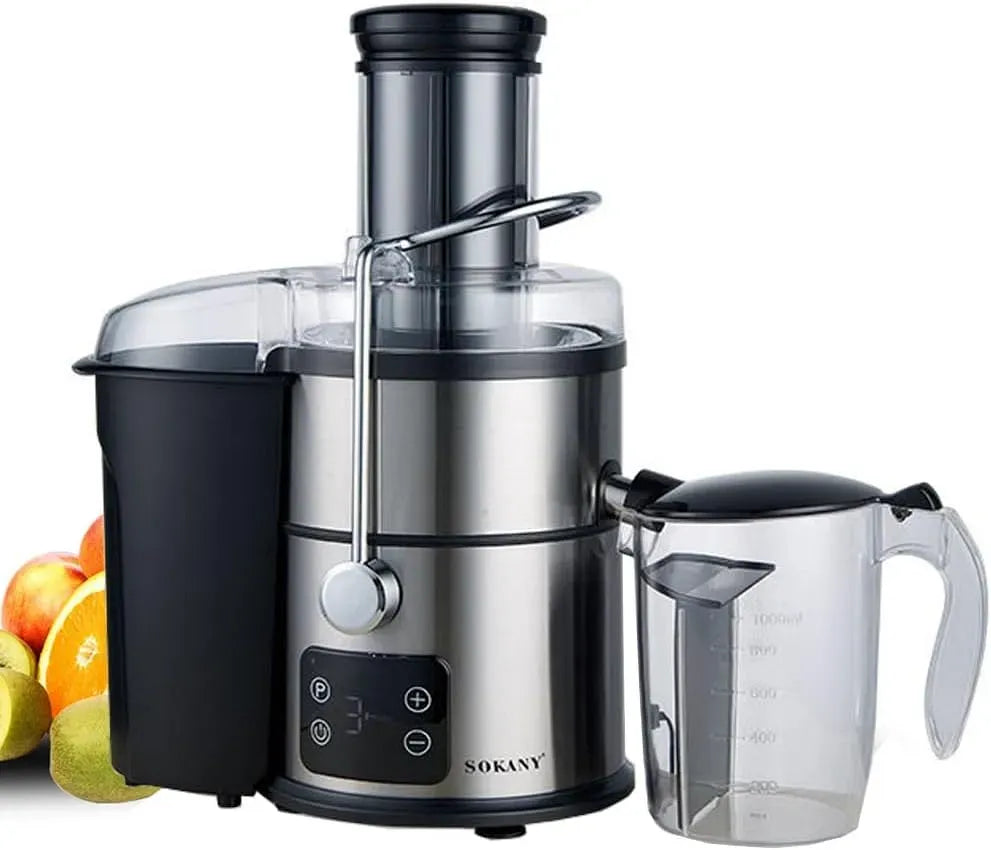 Entsafter, 1200 W, SOKANY, Touch-Bedienung, USB, LCD-Display, Edelstahl, Schwarz, Große 85 mm Einfüllöffnung, 5 Geschwindigkeitsstufen