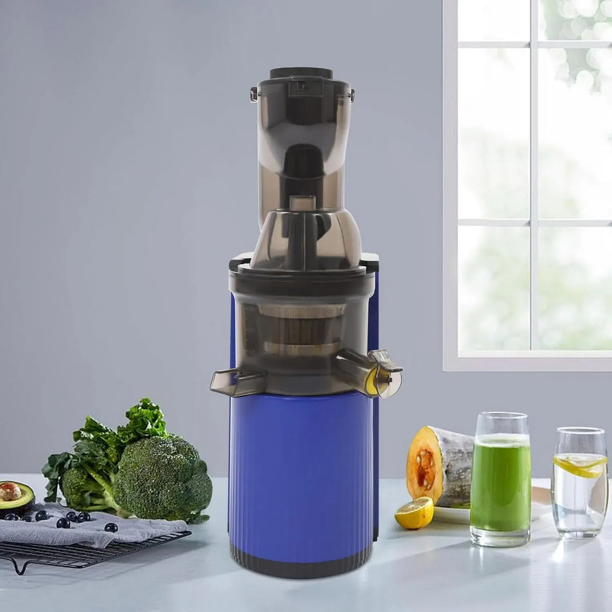 Entsafter, 800 W, Kaltpresse 48U/min, USB, leise, Blau, 98,5% Saftausbeute für Obst & Gemüse, Leiser Saftpresse mit 8cm Einfüllöffnung