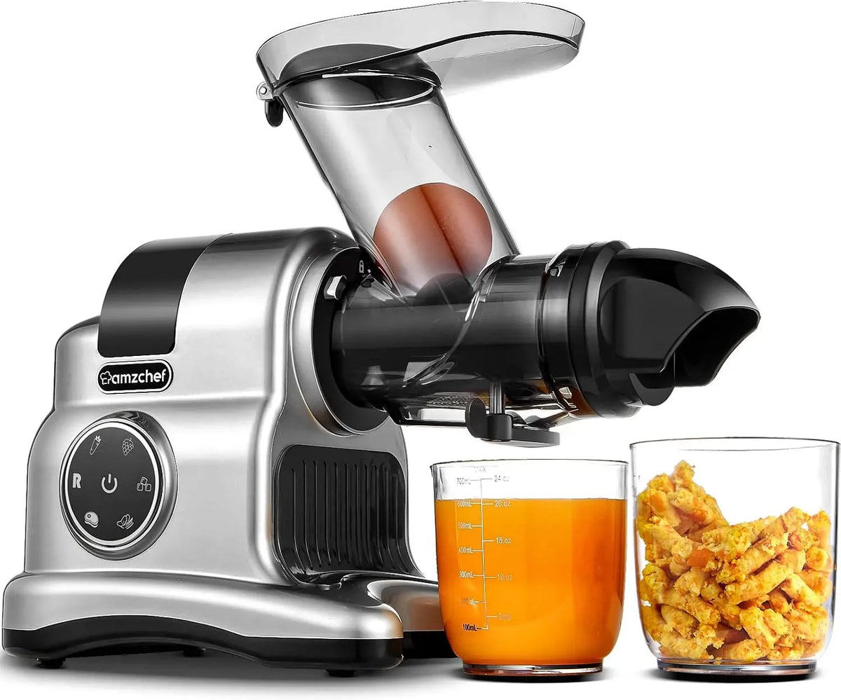 Entsafter, 150 W, AMZCHEF, Weiß, Saftpresse, Saft- und Zitruspresse, Entsafter mit 80MM Großer Einfüllschacht