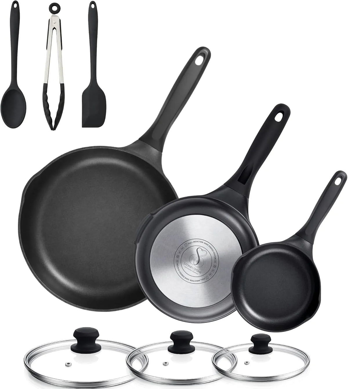Kochgeschirr, 28 cm, Antihaftbeschichtung, GREBLON Keramik-Antihaftbeschichtung, 3 Glasdeckeln und 3 Küchenhelfern, PTFE- und PFOA-frei, PFAS