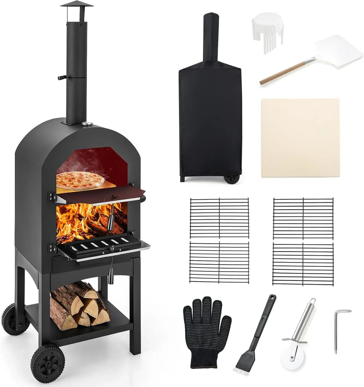 Elektrischer Pizzaofen, COSTWAY, Outdoor, IP65, holzbefeuerter Pizza Ofen mit eingebautem Thermometer
