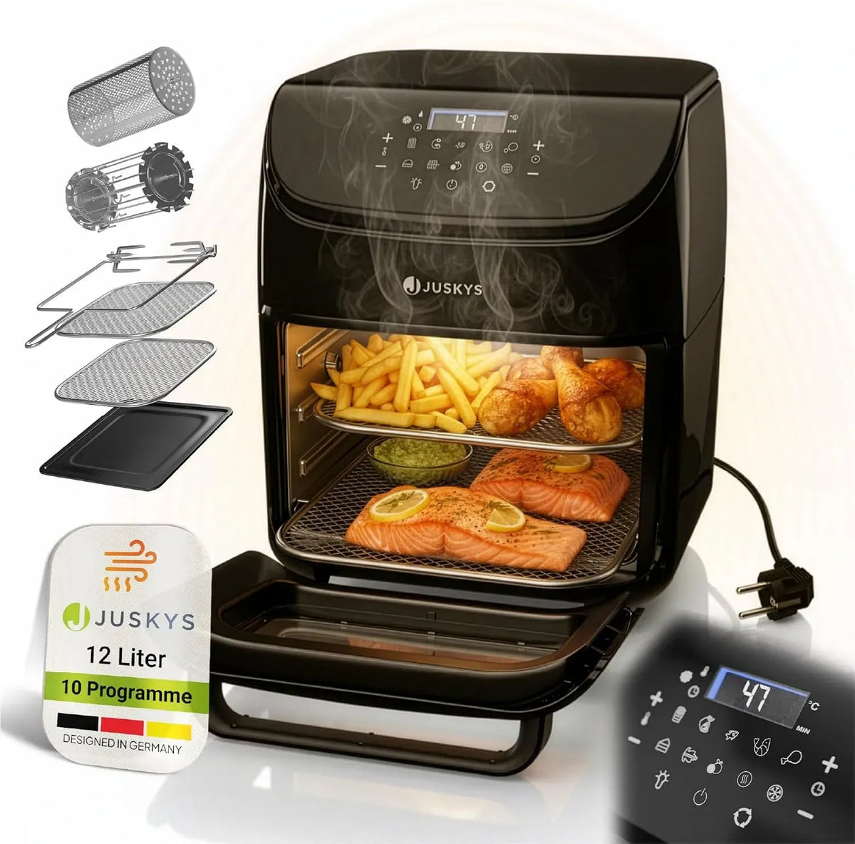 Heißluftfritteuse, 12 L, Touch-Bedienung, LCD-Display, 2 Temperaturzonen, Schwarz, Temperatur 25—200 °C & mit Zubehör, 10 Programmen