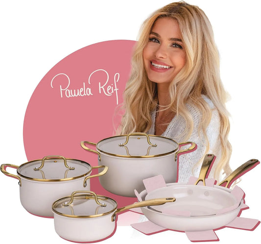 10-teiliges Fackelmann x Pamela Reif Topf- und Pfannen-Set, gepresstes Aluminium, pastell beige, inkl