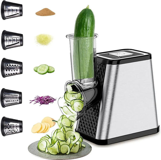 5-in-1 Elektrisch, Profi Gemüsehobel Edelstahl, 500W Küchenreibe mit 5 Edelstahl-Klingen für Käse, Multi Gemüsehobel für Haus& Salat Zubereitung