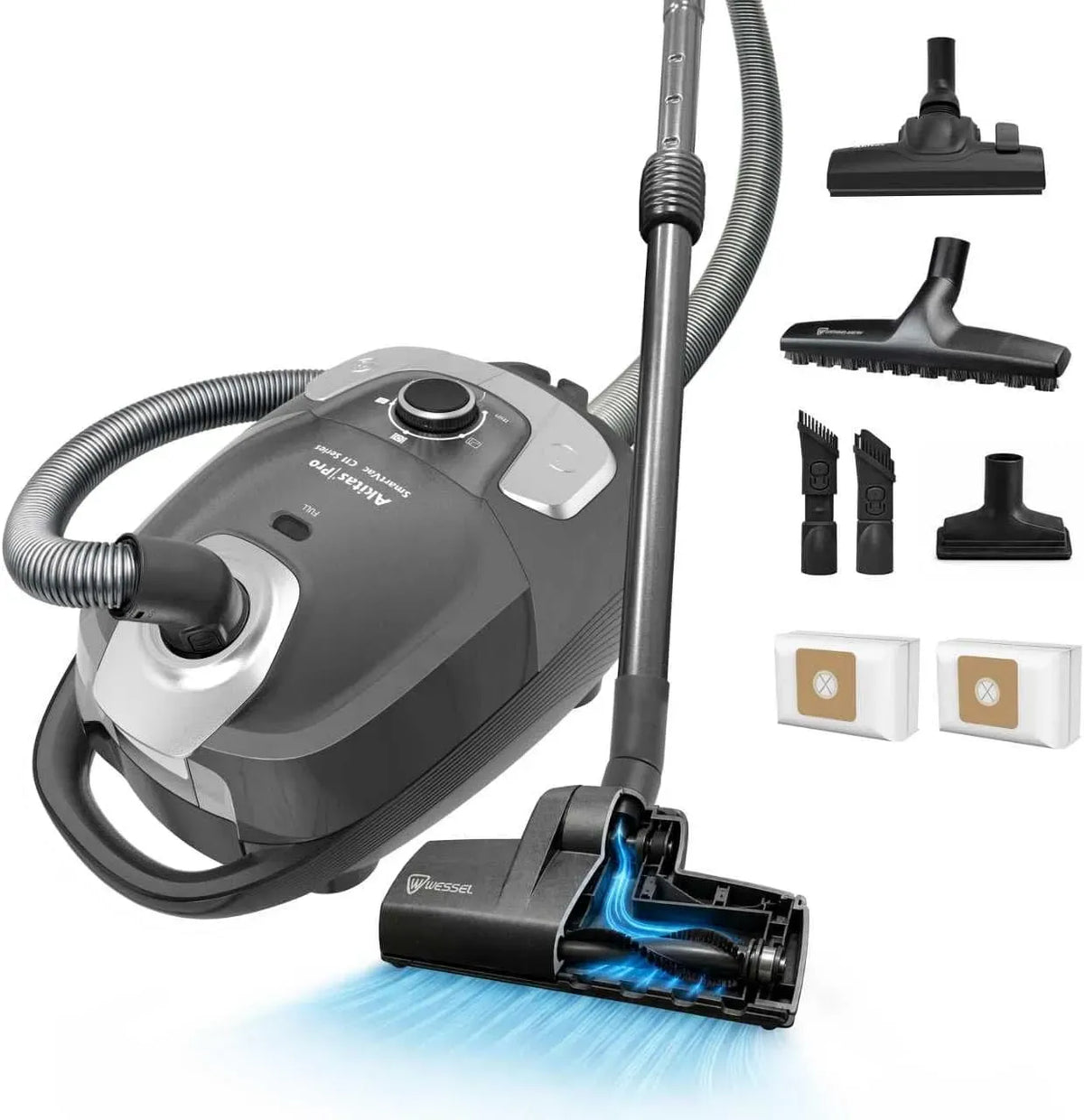 Staubsauger, 900 W, Akitas C11, einziehbarem Kabel und breiter Parkettbürste, 10 m Reinigungsradius, HEPA-Filterung