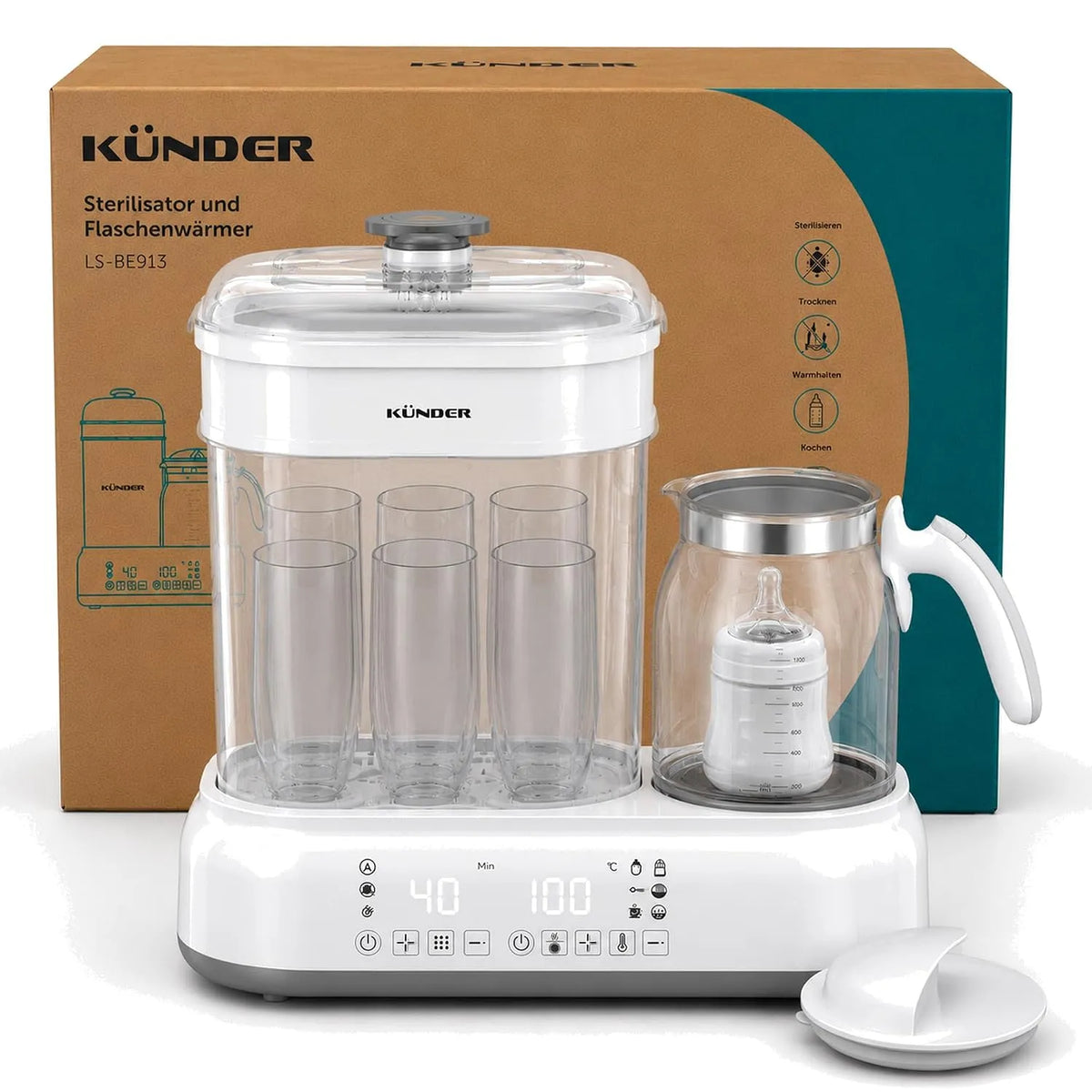 Wasserkocher, 1,2 L, elektrischer Teekocher, elektrisches Sterilisationsgerät, Babyflaschen Sterilisator mit integriertem 1,2 L Glas-Wasserkocher