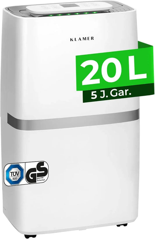 Luftentfeuchter, 20 L, KLAMER 24h, 5,5 L, Raumentfeuchter, Luftentfeuchter elektrisch 20L in mit 5,5L Tank
