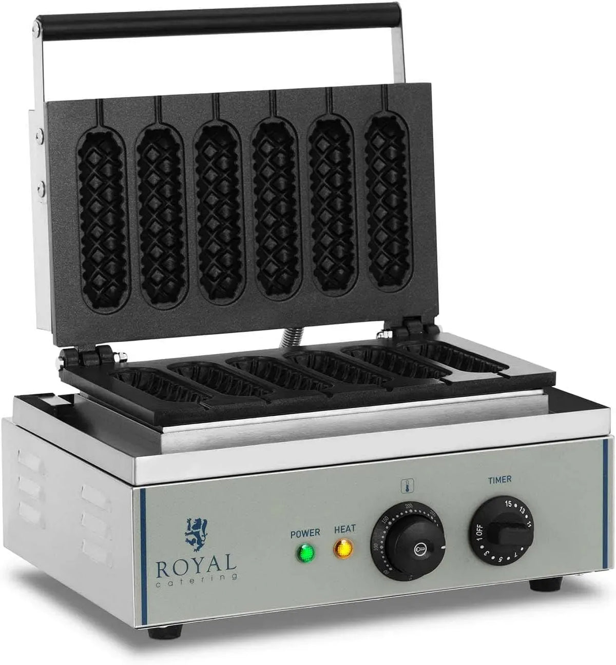 Waffelautomat, Waffeleisen, 29,5 x 38,3 x 42 cm, 1.500 W, Timer, Gastronomie, Antihaftbeschichtung, Edelstahl, 6 Stück, Silber, aluminium