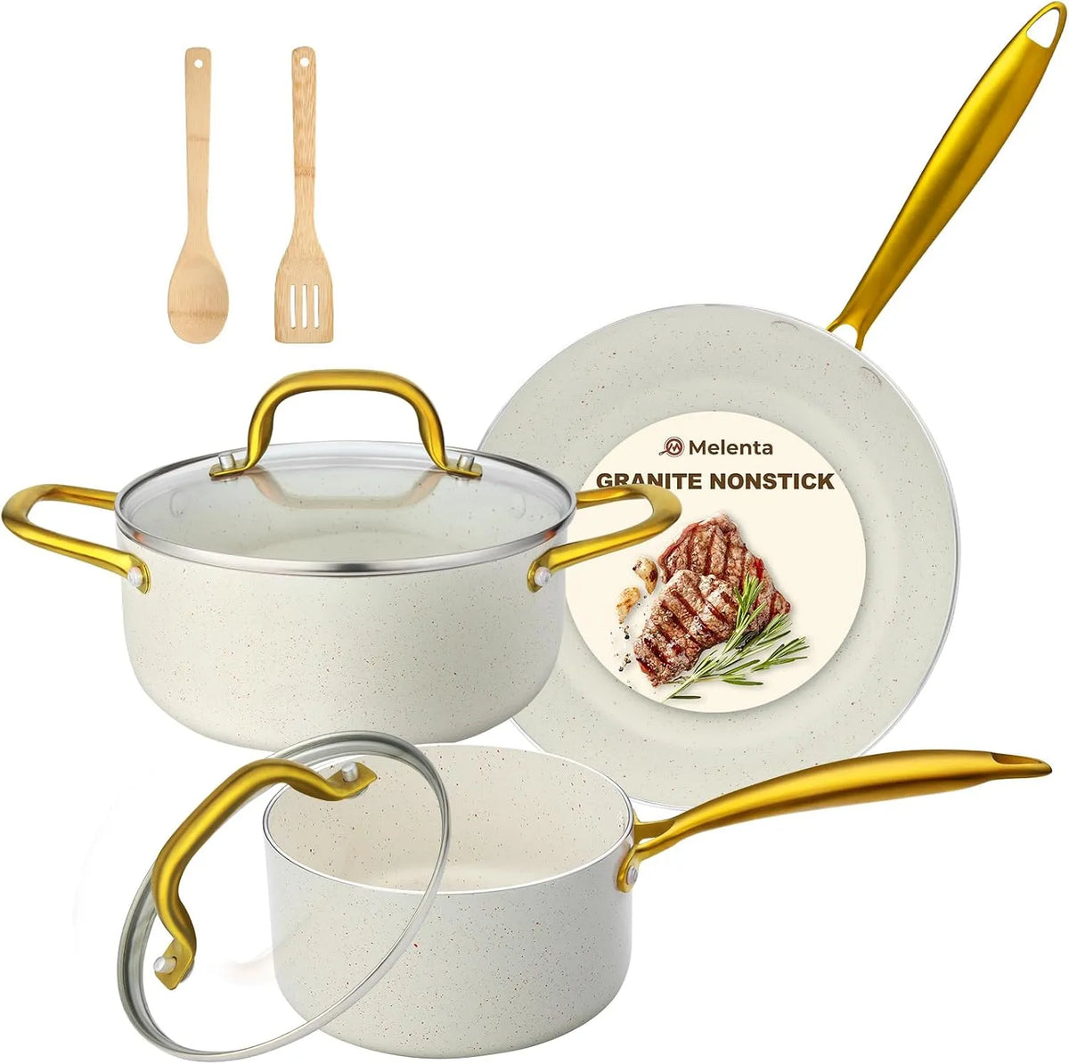 7-teilig M MELENTA Topf- und Pfannenset, antihaftbeschichtet, für Kompaktes Küchentopf-Set, weißes Granit-Kochgeschirr-Set, Induktionskochgeschirr