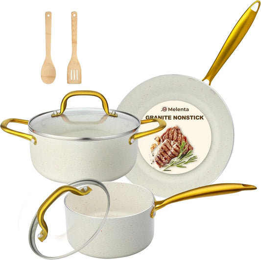 7-teilig M MELENTA Topf- und Pfannenset, antihaftbeschichtet, für Kompaktes Küchentopf-Set, weißes Granit-Kochgeschirr-Set, Induktionskochgeschirr
