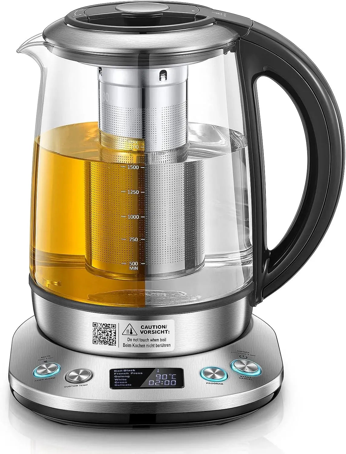 Wasserkocher, 1.7 L, 2200 W, Warmhaltefunktion, LCD-Display, Edelstahl, LCD Bildschirm, Basisstation aus Edelstahl, Teekocher, 6 Voreinstellungen