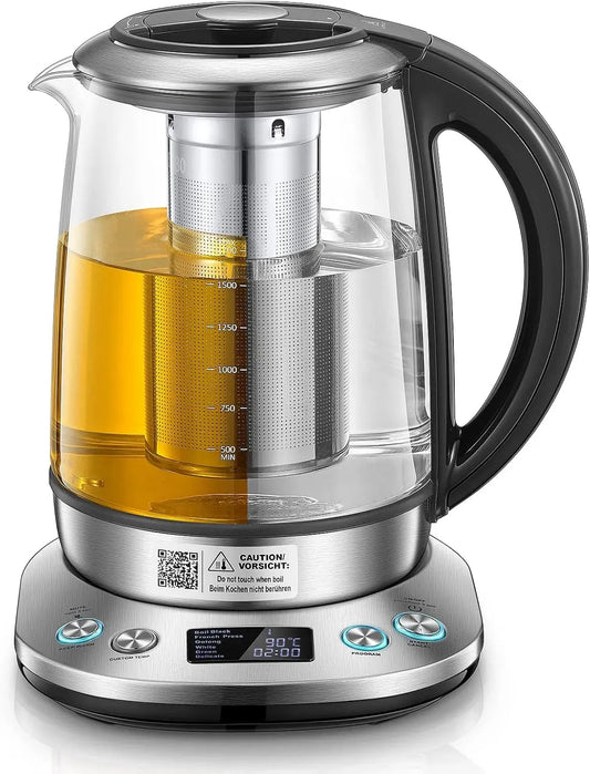 Wasserkocher, 1.7 L, 2200 W, Warmhaltefunktion, LCD-Display, Edelstahl, LCD Bildschirm, Basisstation aus Edelstahl, Teekocher, 6 Voreinstellungen